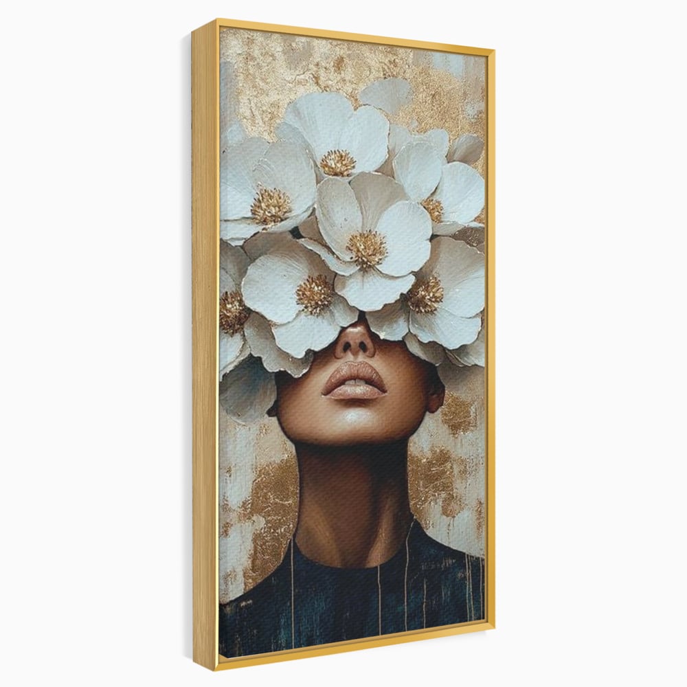 Tablou canvas cu tablou canvas portret feminin cu flori, in rama de aluminiu auriu
